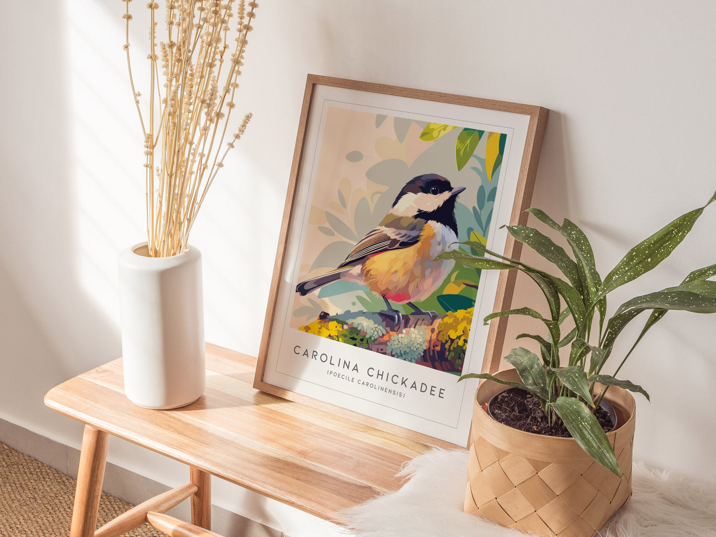 Carolina Chickadee Poster | Charming Songbird in Autumn Branches Wall Art — styled in a modern interior