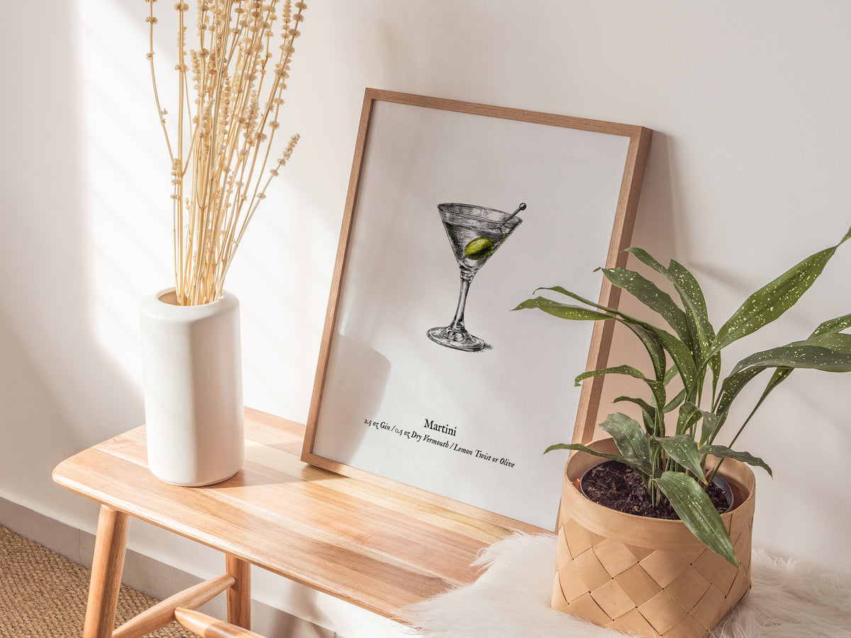 Martini Poster | Vintage Cocktail Scientific Illustration Wall Art — styled in a modern interior