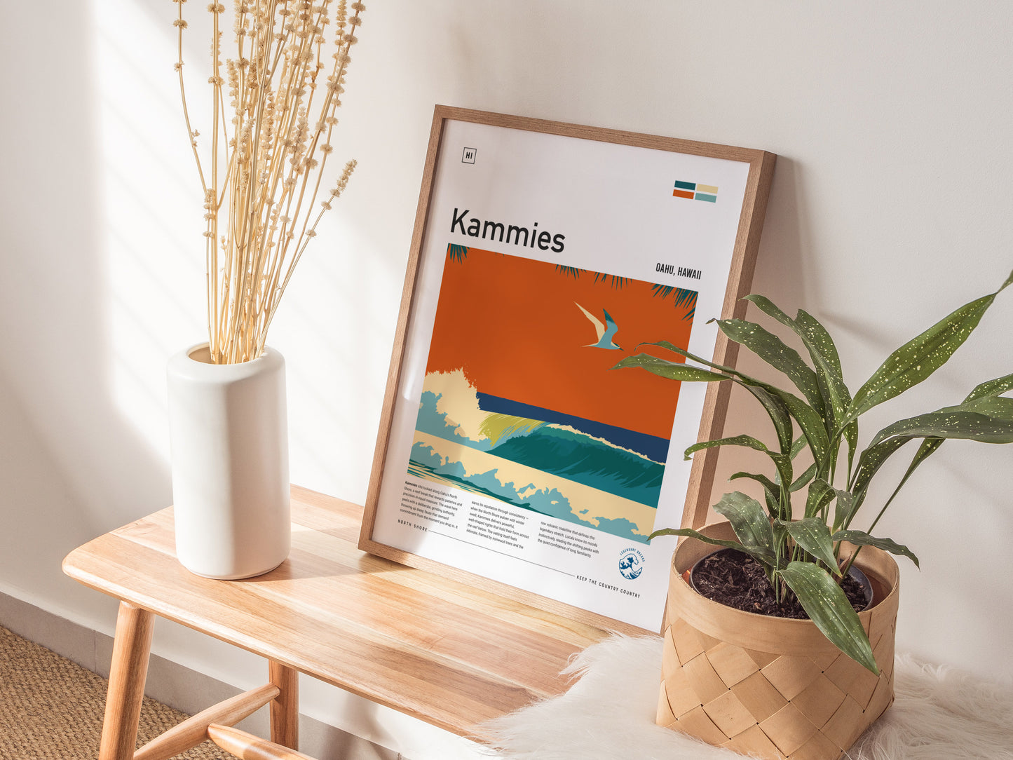 Kammies, Hawaii Poster | Tropical Surf Break Paradise Wall Art — styled in a modern interior