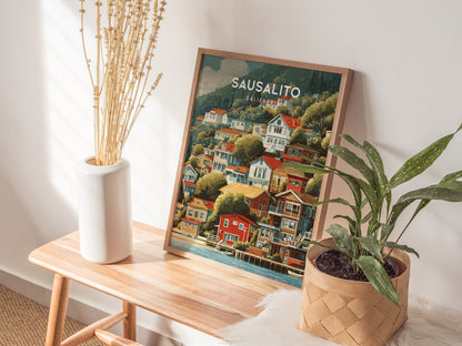 Framed vintage Sausalito, California poster showcasing colorful hillside homes, vibrant coastal art print for travel enthusiasts.