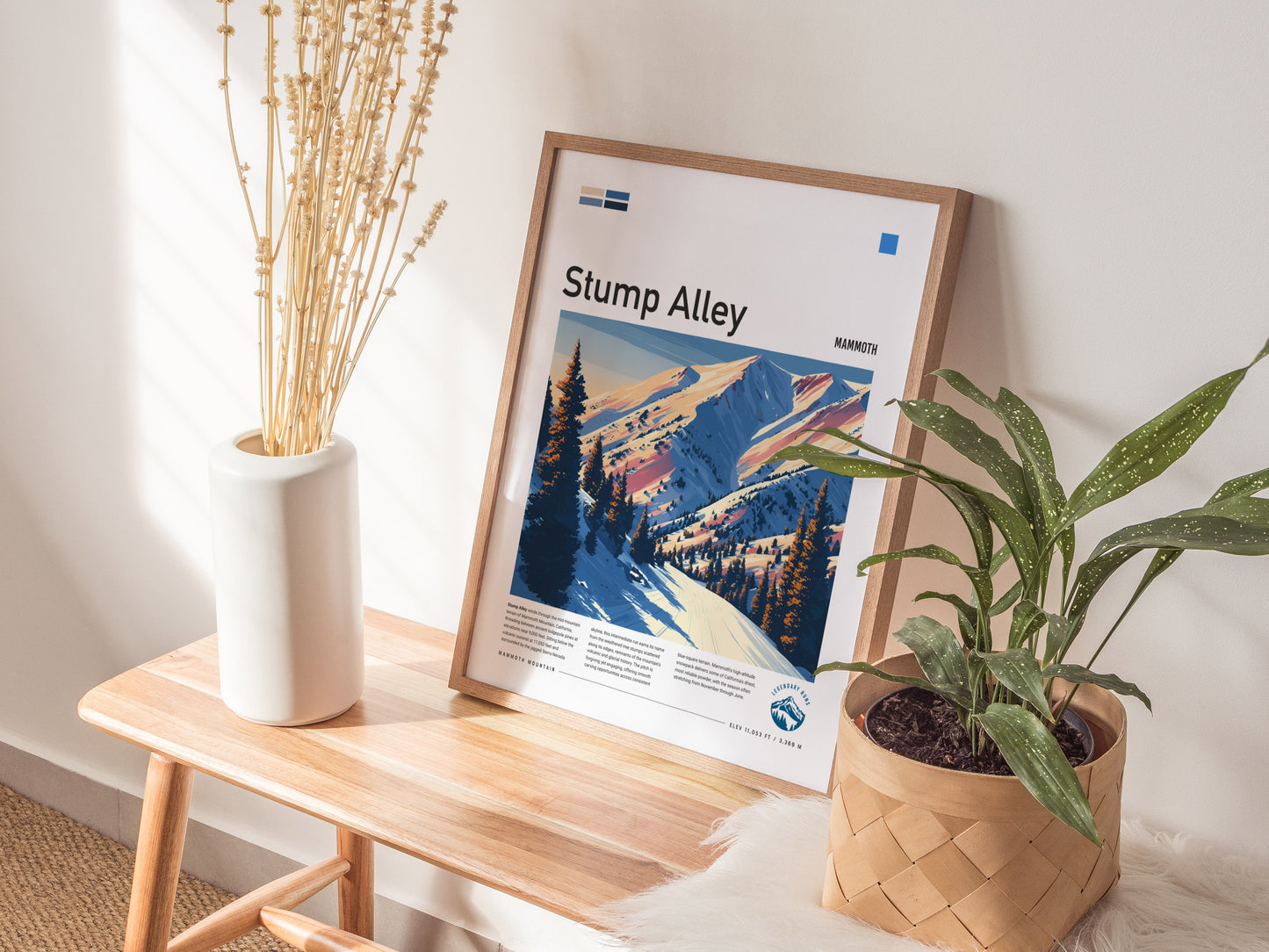 Stump Alley, Mammoth Poster | Bold Ski Run Mountain Wall Art — styled in a modern interior