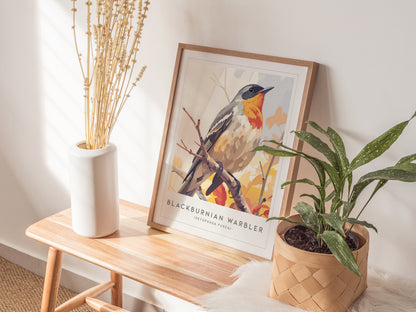Blackburnian Warbler, Setophaga fusca Poster | Fiery Songbird Nature Print Wall Art — styled in a modern interior