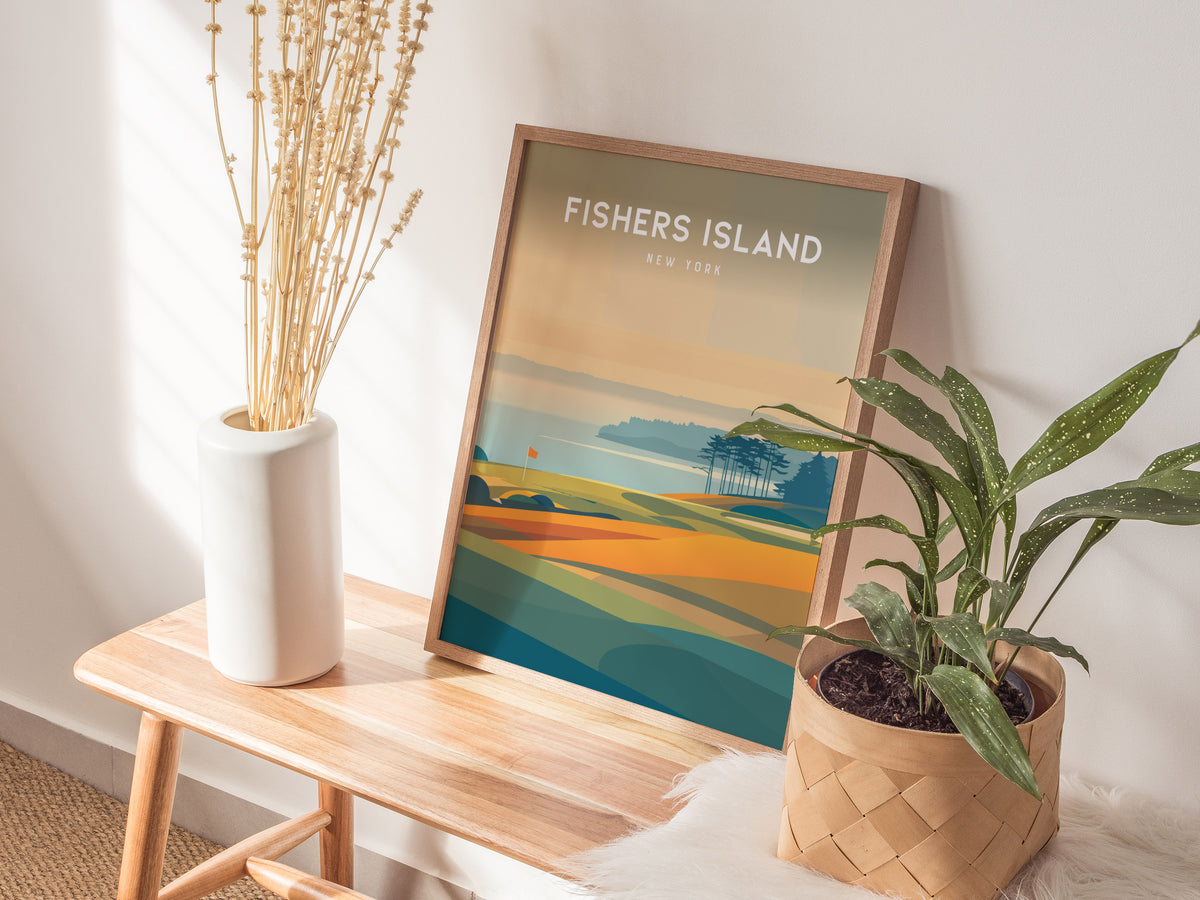Fishers Island, New York Poster | Links Poster & Country Club Decor Wall Art — styled in a modern interior