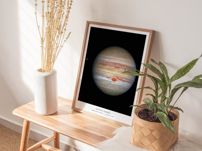 Framed print of Jupiter on a wooden side table with decorative elements.