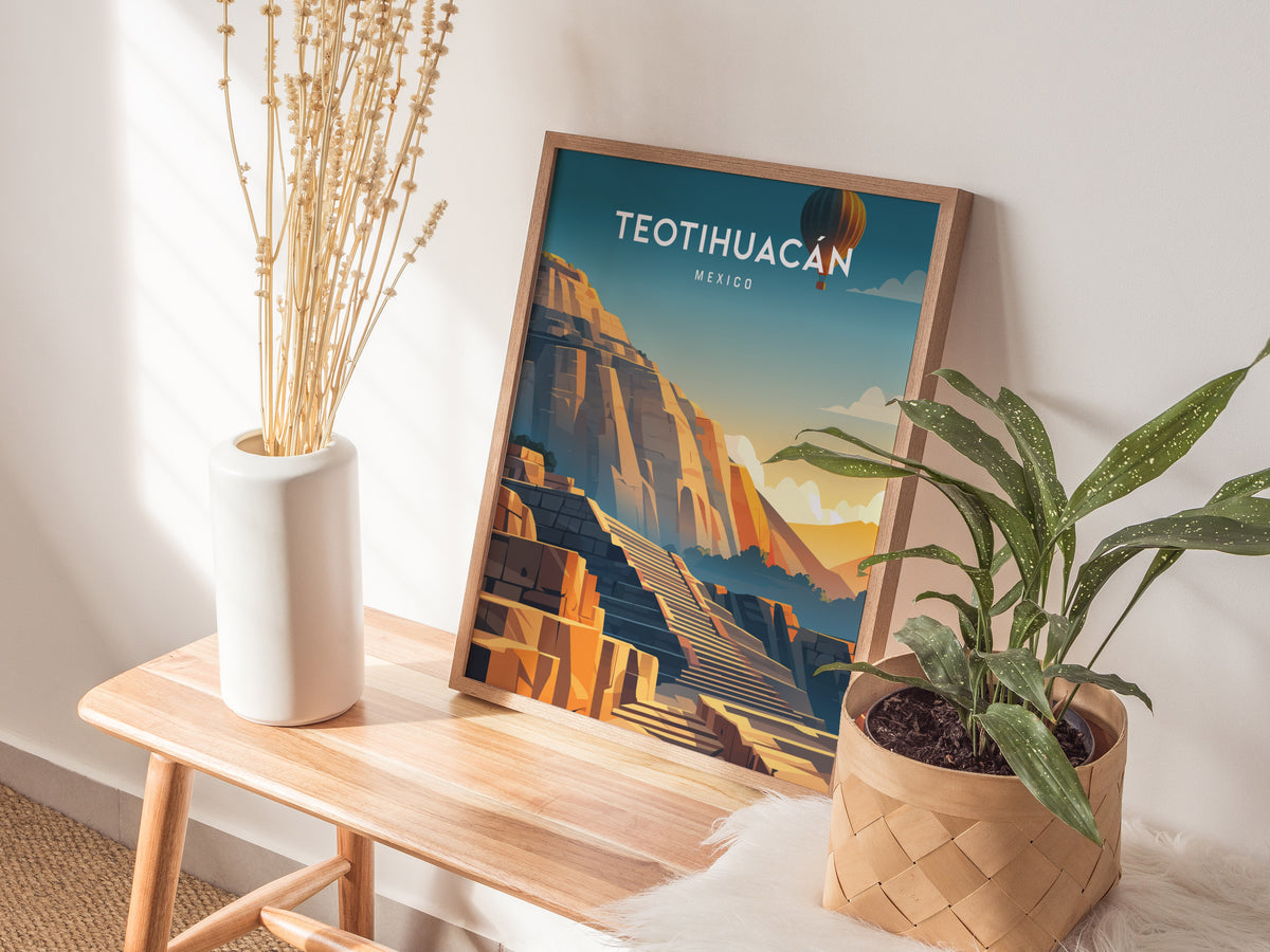 Teotihuacán, Mexico Poster | Ancient Pyramids Destination Print Wall Art — styled in a modern interior