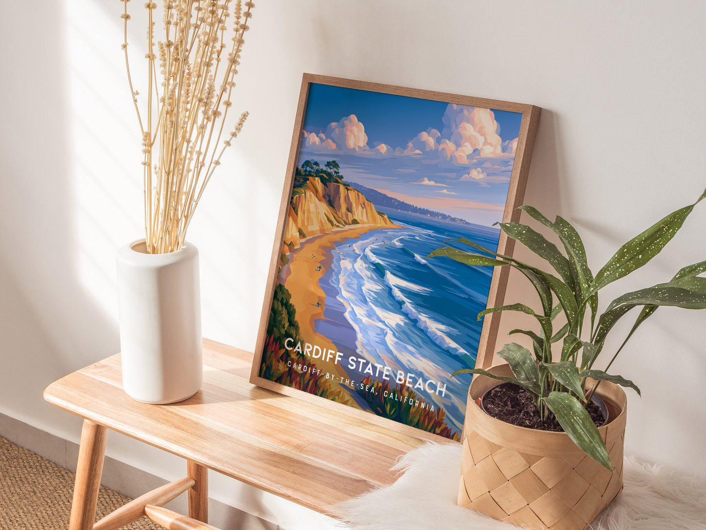 Cardiff State Beach, California Poster | Sun-Kissed Shores & Surf Wall Art — styled in a modern interior