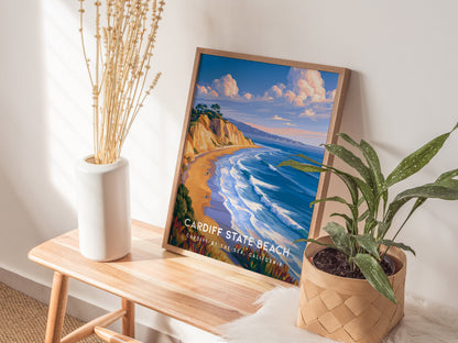 Cardiff State Beach, California Poster | Sun-Kissed Shores & Surf Wall Art — styled in a modern interior