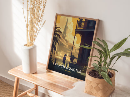 A framed poster of the French Quarter, New Orleans, rests on a wooden bench beside a white vase with dried flowers and a potted plant.