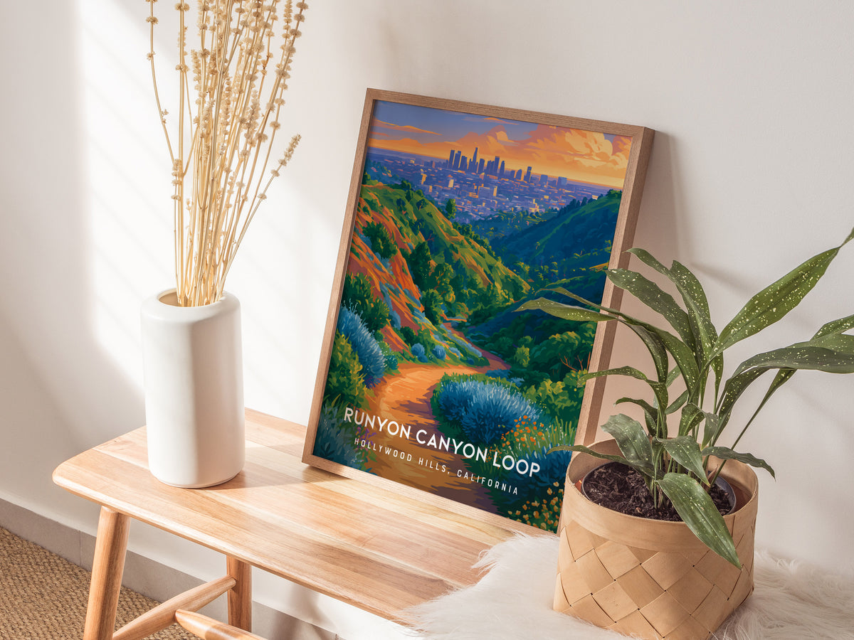 Runyon Canyon Loop, Hollywood Hills, California Poster | Hiking Trail & City Skyline Wall Art — styled in a modern interior