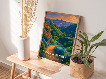 Runyon Canyon Loop, Hollywood Hills, California Poster | Hiking Trail & City Skyline Wall Art — styled in a modern interior