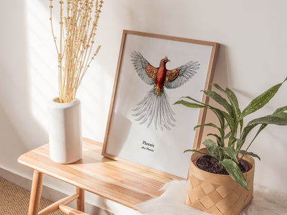 Phoenix Poster | Vintage Avis Phoenix Zoological Illustration Wall Art — styled in a modern interior