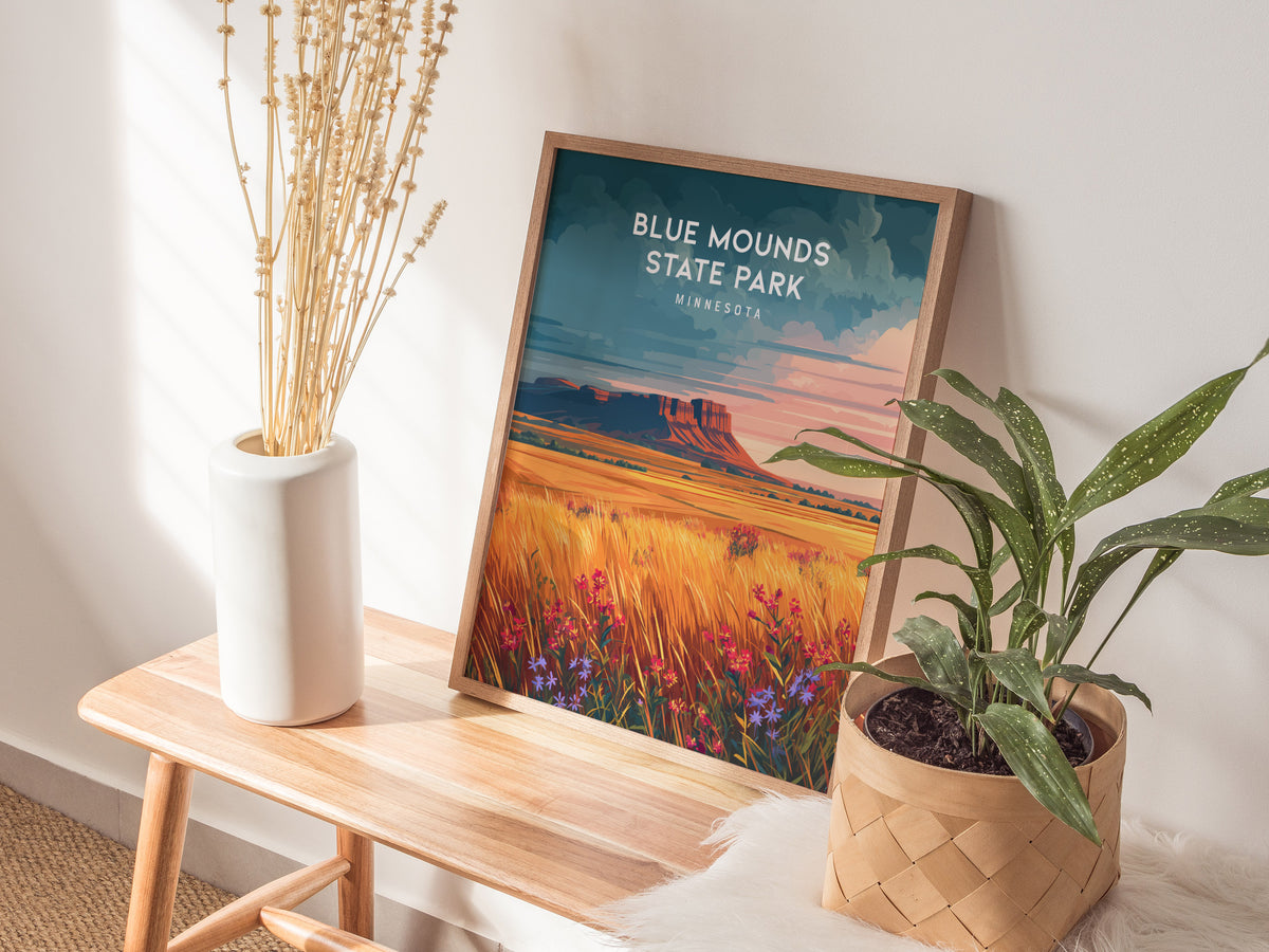 Blue Mounds State Park, Minnesota Poster | Prairie Bluffs & Bison Travel Wall Art — styled in a modern interior