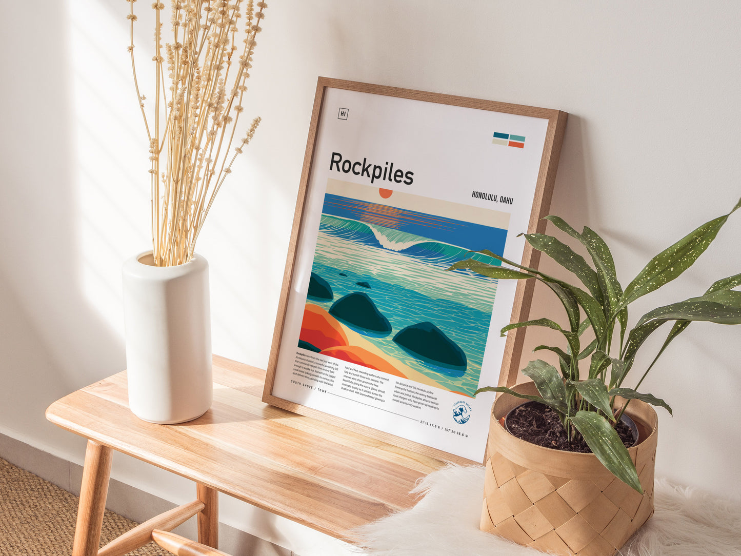 Rockpiles, Hawaii Poster | Golden Hour North Shore Surf Wall Art — styled in a modern interior