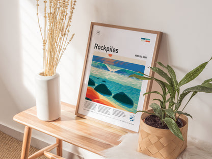 Rockpiles, Hawaii Poster | Golden Hour North Shore Surf Wall Art — styled in a modern interior