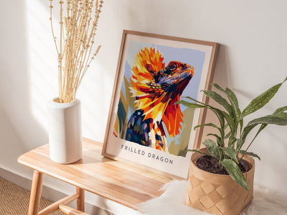 Frilled Dragon, Wildlife Poster | Ancient Reptile Portrait Wall Art — styled in a modern interior