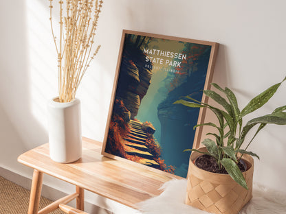 Matthiessen State Park, Oglesby, Illinois Poster | Canyon Waterfalls & Lush Gorge Wall Art — styled in a modern interior