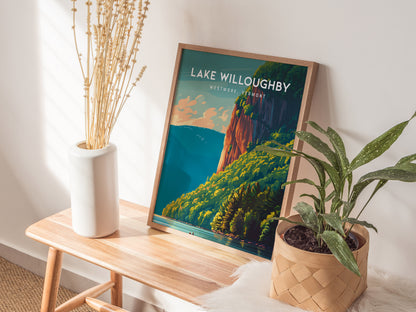 Lake Willoughby, Westmore, Vermont Poster | Scenic Mountain Lake Travel Wall Art — styled in a modern interior