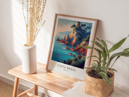 Costa Brava Matte Border Poster | Spain Coastal Beach Decor Travel Wall Art — styled in a modern interior