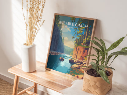 Ausable Chasm, Adirondacks, New York Poster | Gorge & Waterfall Vacation Wall Art — styled in a modern interior