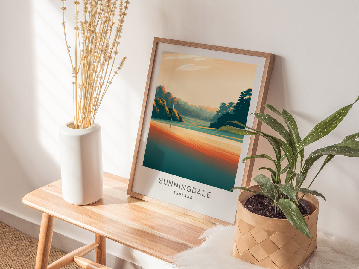 Sunningdale Matte Border Poster | England Golf Course Print & Country Club Decor — styled in a modern interior