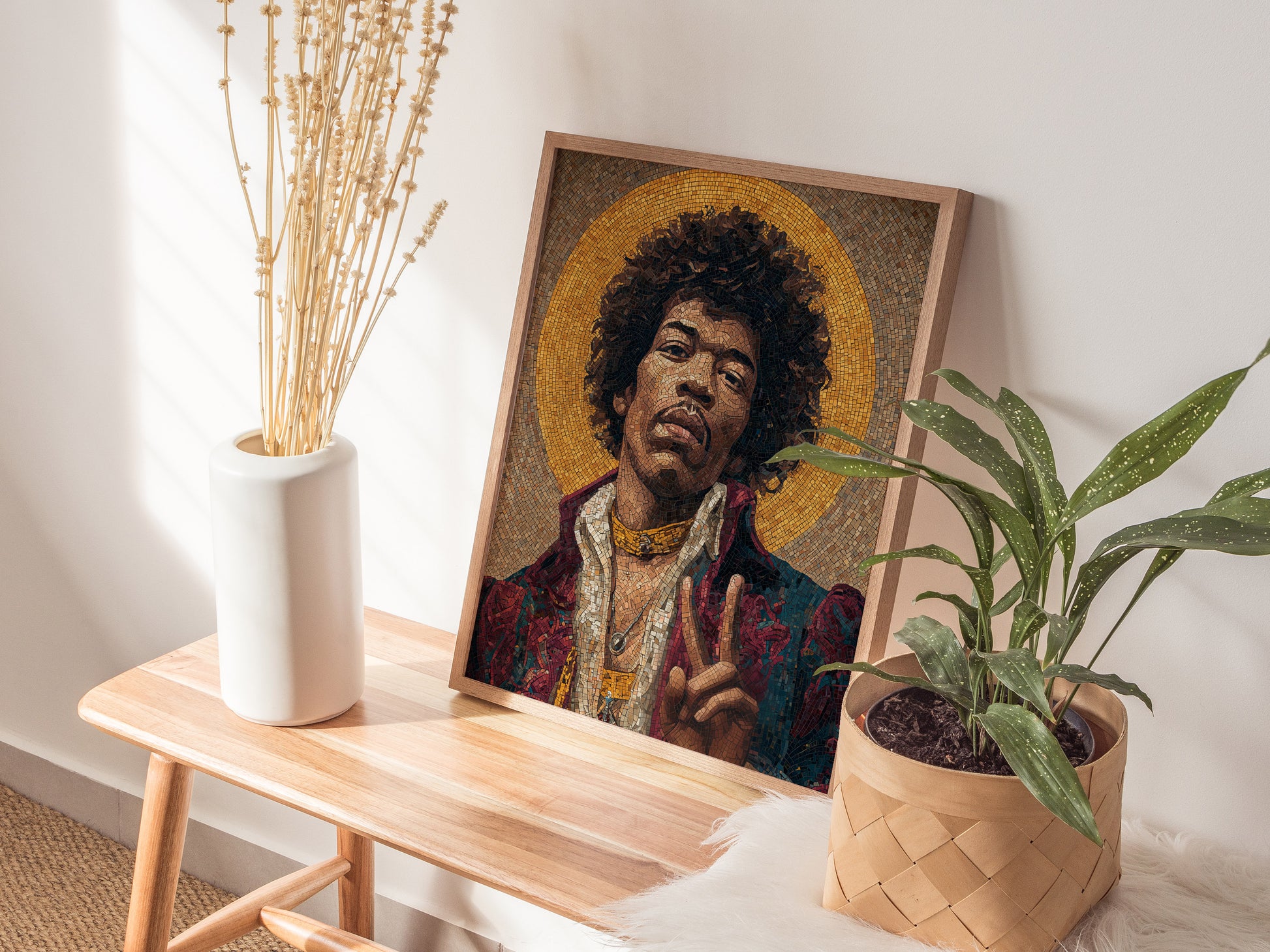 Vibrant Byzantine mosaic art of Jimi Hendrix, showcasing a peace sign with rich colors and intricate textures in the "Rock Gods" collection.