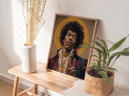 Vibrant Byzantine mosaic art of Jimi Hendrix, showcasing a peace sign with rich colors and intricate textures in the "Rock Gods" collection.