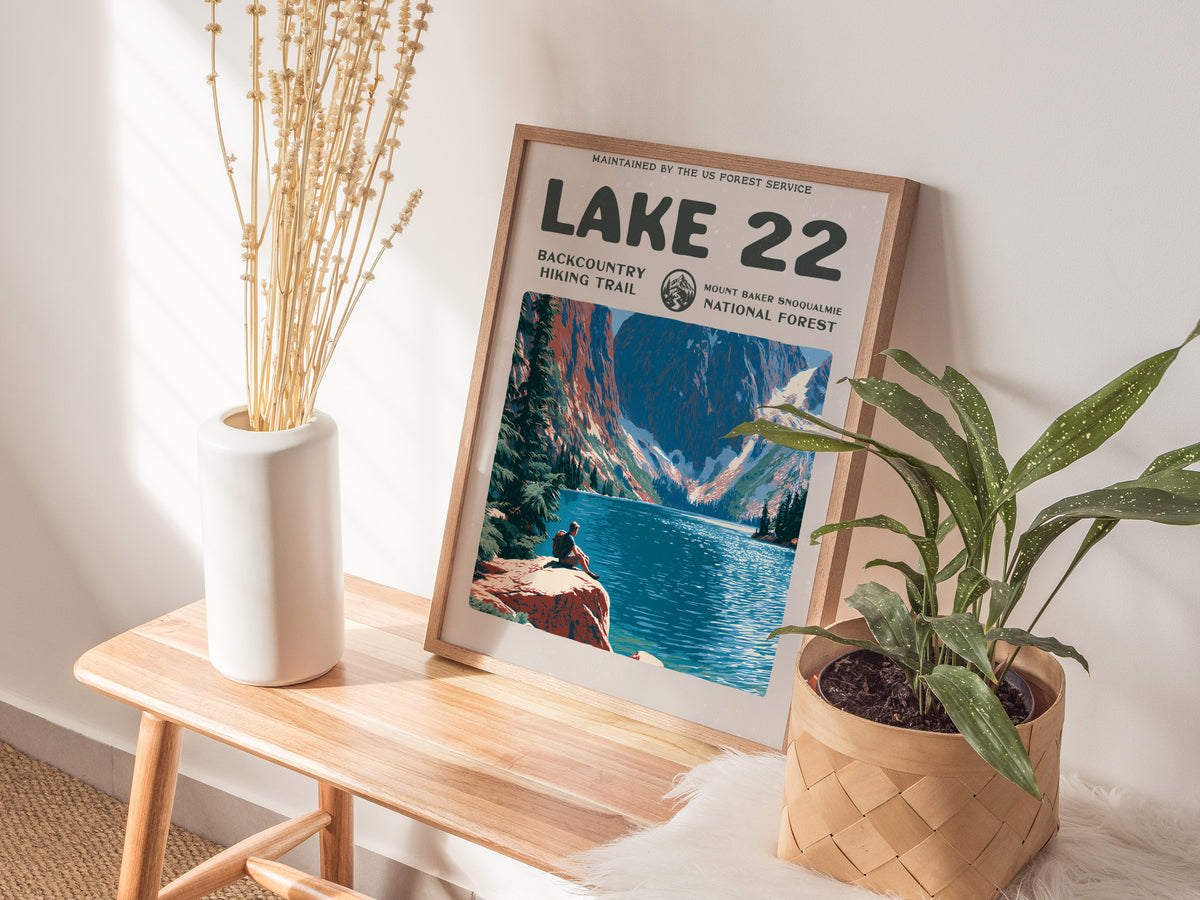 Lake 22, Mount Baker-Snoqualmie National Forest Poster | Hiker Gift | Backcountry Trail Wall Art — styled in a modern interio