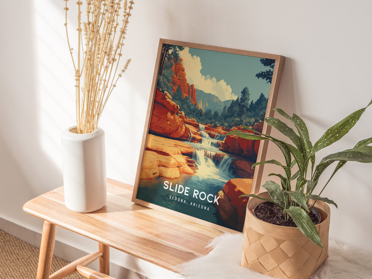 Slide Rock, Sedona, Arizona Poster | Red Rock Swimming Hole Destination Print Wall Art — styled in a modern interior