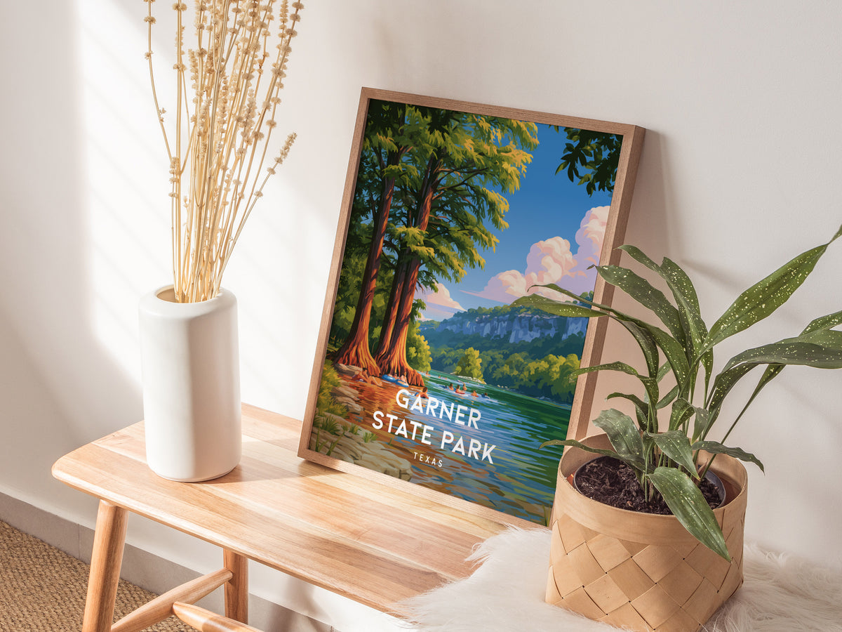 Garner State Park, Texas Poster | Hill Country River Destination Print Wall Art — styled in a modern interior