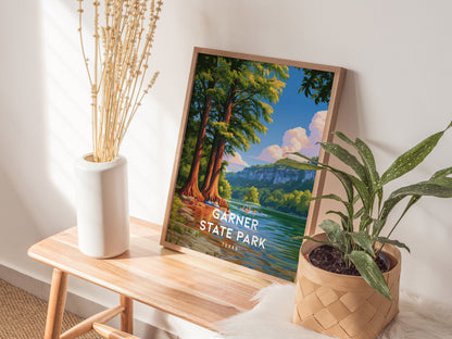 Garner State Park, Texas Poster | Hill Country River Destination Print Wall Art — styled in a modern interior