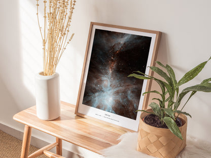 Wood frame Orion Nebula wall art showing swirling blue nebula clouds and bright stars from NASA’s Spitzer Space Telescope.