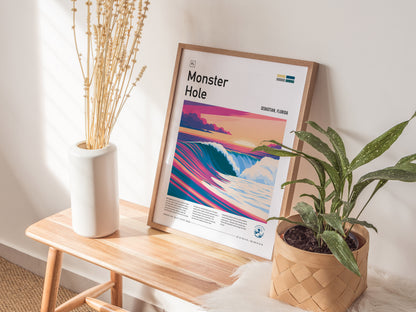 Monster Hole, Florida Poster | Barrel Wave & Tropical Surf Wall Art — styled in a modern interior