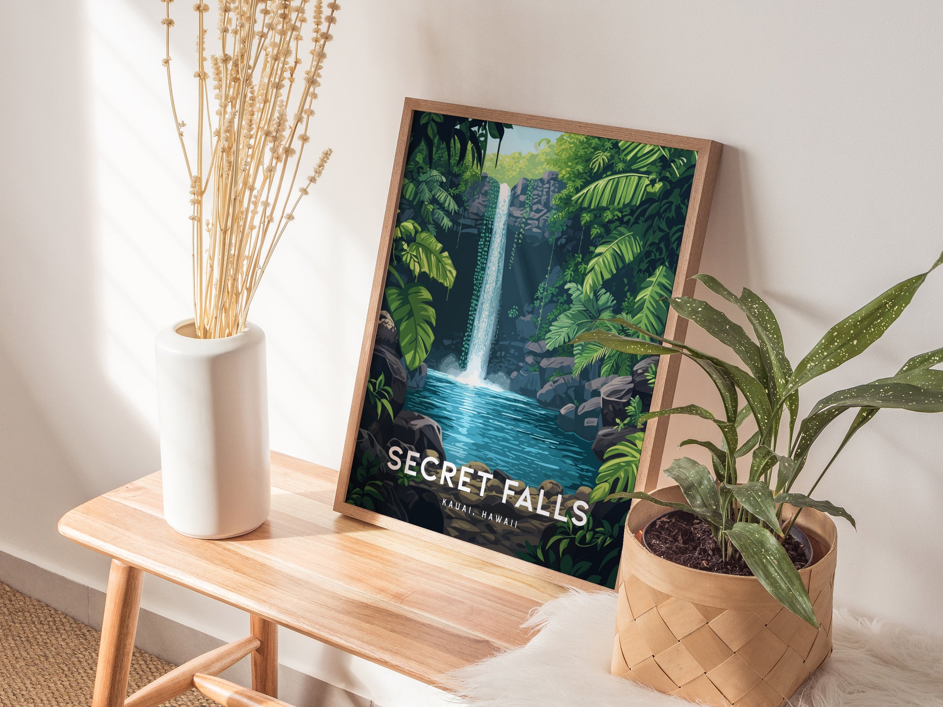 Secret Falls Poster | Kauai Hawaii Uluwehi Waterfall Art | Island Gift