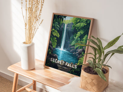 Secret Falls Poster | Kauai Hawaii Uluwehi Waterfall Art | Island Gift