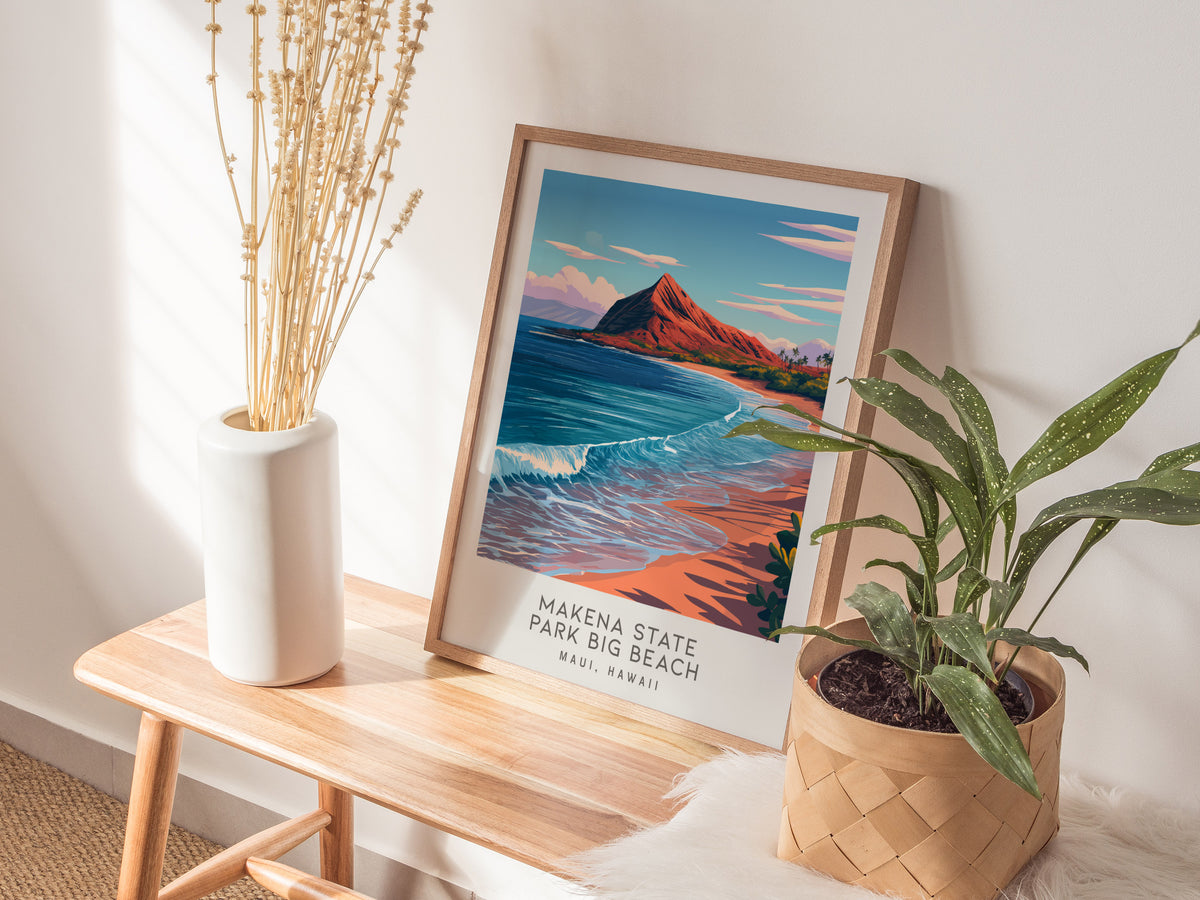 Makena State Park Big Beach Matte Border Poster | Maui, Hawaii Destination Print Travel Wall Art — styled in a modern interio
