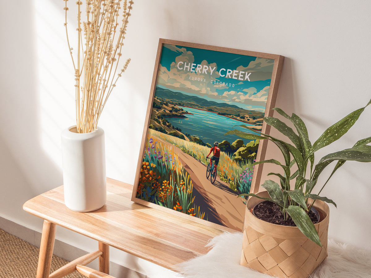 Cherry Creek, Aurora, Colorado Poster | Lakeside Retreat Framed or Unframed Wall Art — styled in a modern interior