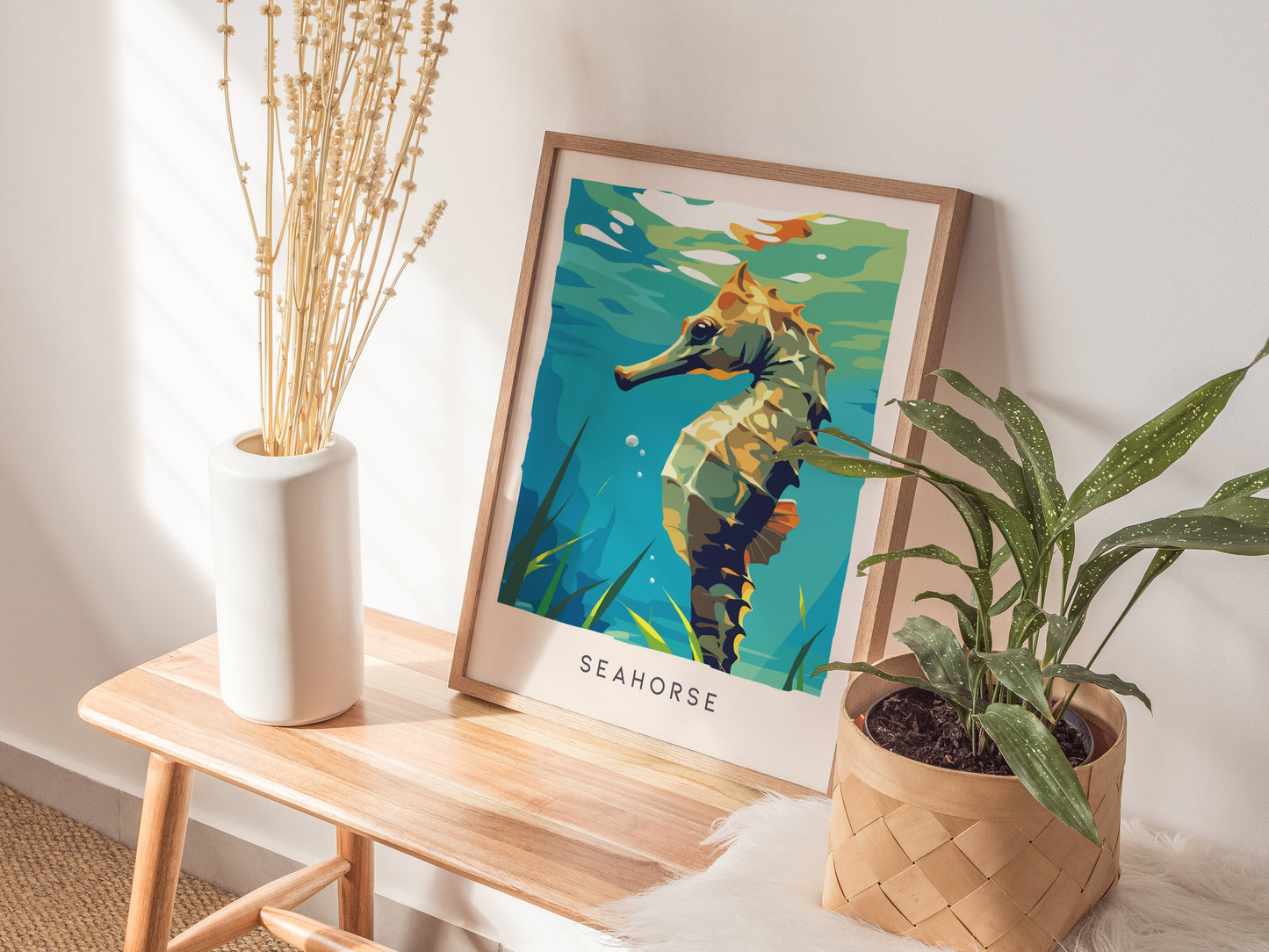 Seahorse Wildlife Poster | Graceful Ocean Dweller Fine Wall Art — styled in a modern interior