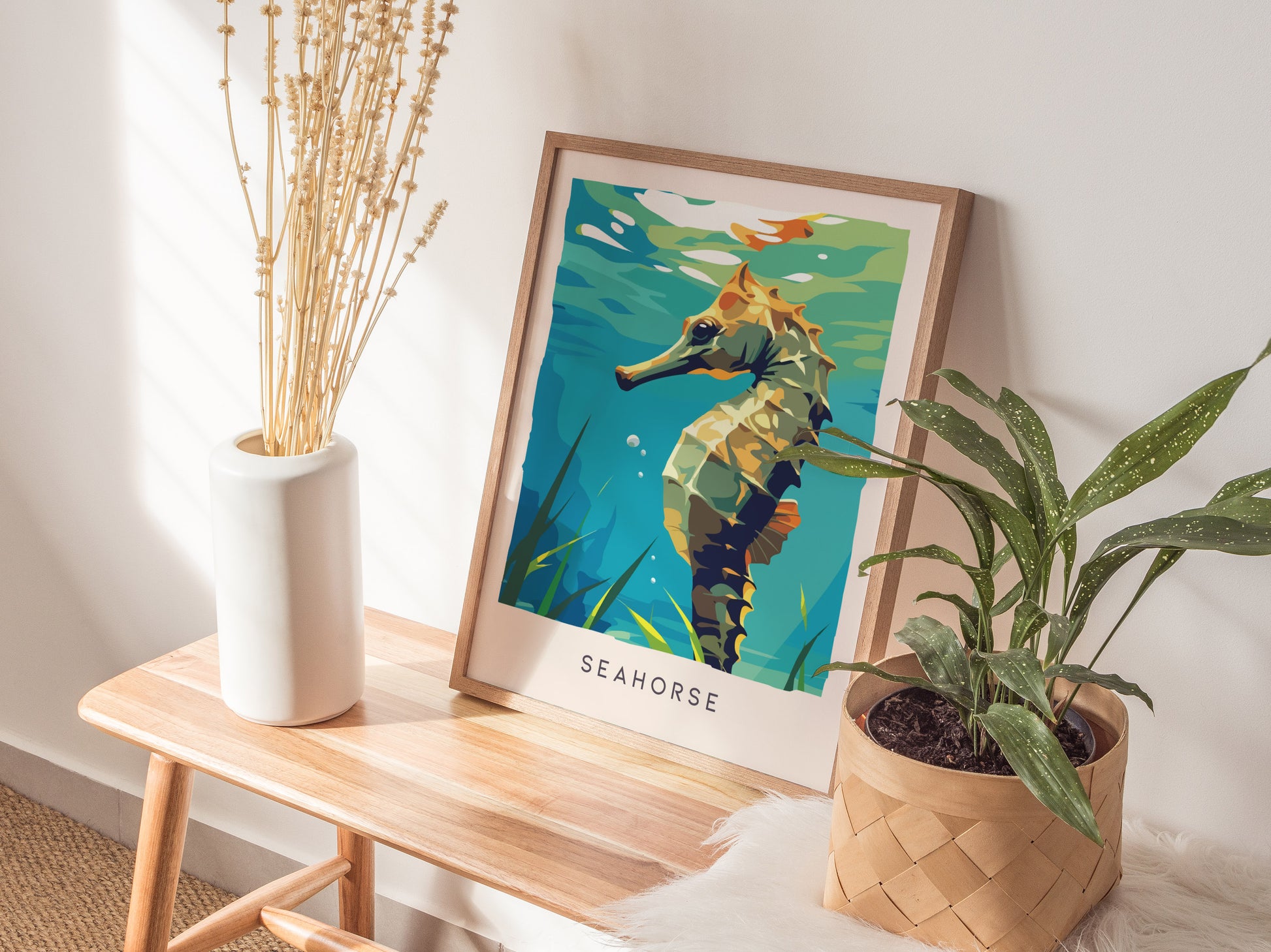 Seahorse Wildlife Poster | Graceful Ocean Dweller Fine Wall Art — styled in a modern interior