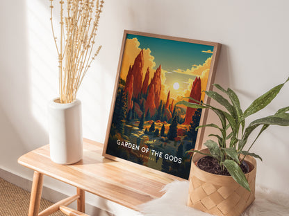 A framed Garden of the Gods poster rests on a wooden bench, accompanied by a white vase with dried stems and a potted plant, creating a cozy decor setting.