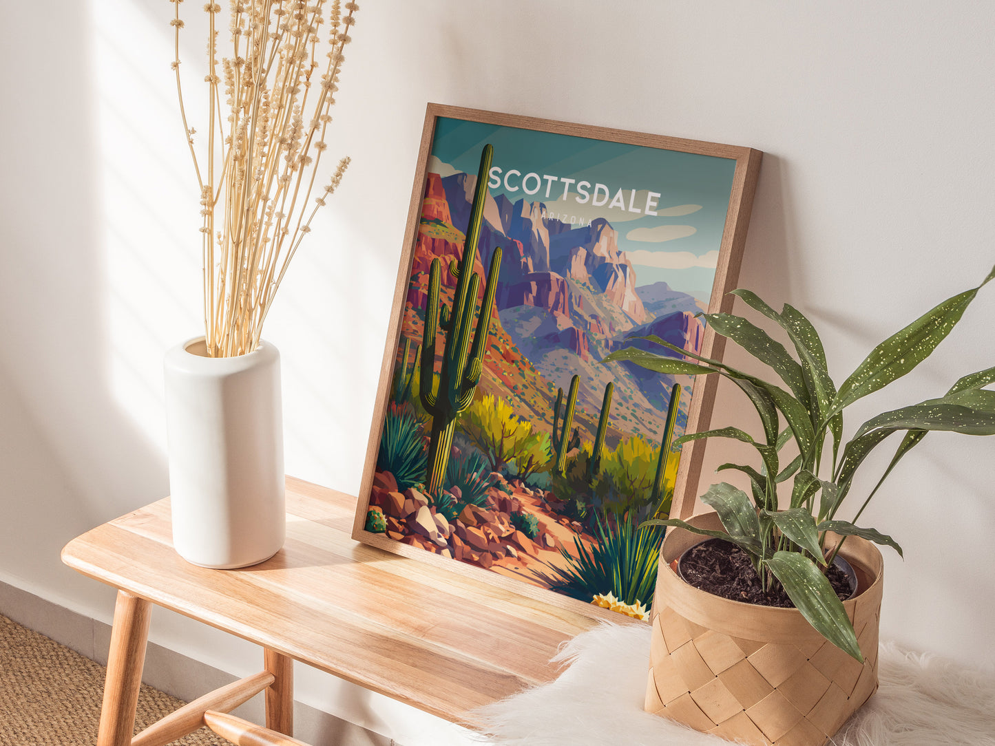 Scottsdale, Arizona Poster | Desert Sunset & Saguaro Cactus Wall Art — styled in a modern interior