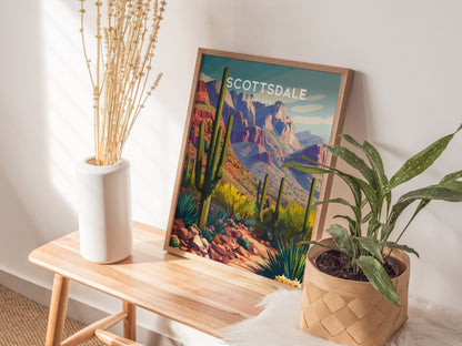 Scottsdale, Arizona Poster | Desert Sunset & Saguaro Cactus Wall Art — styled in a modern interior