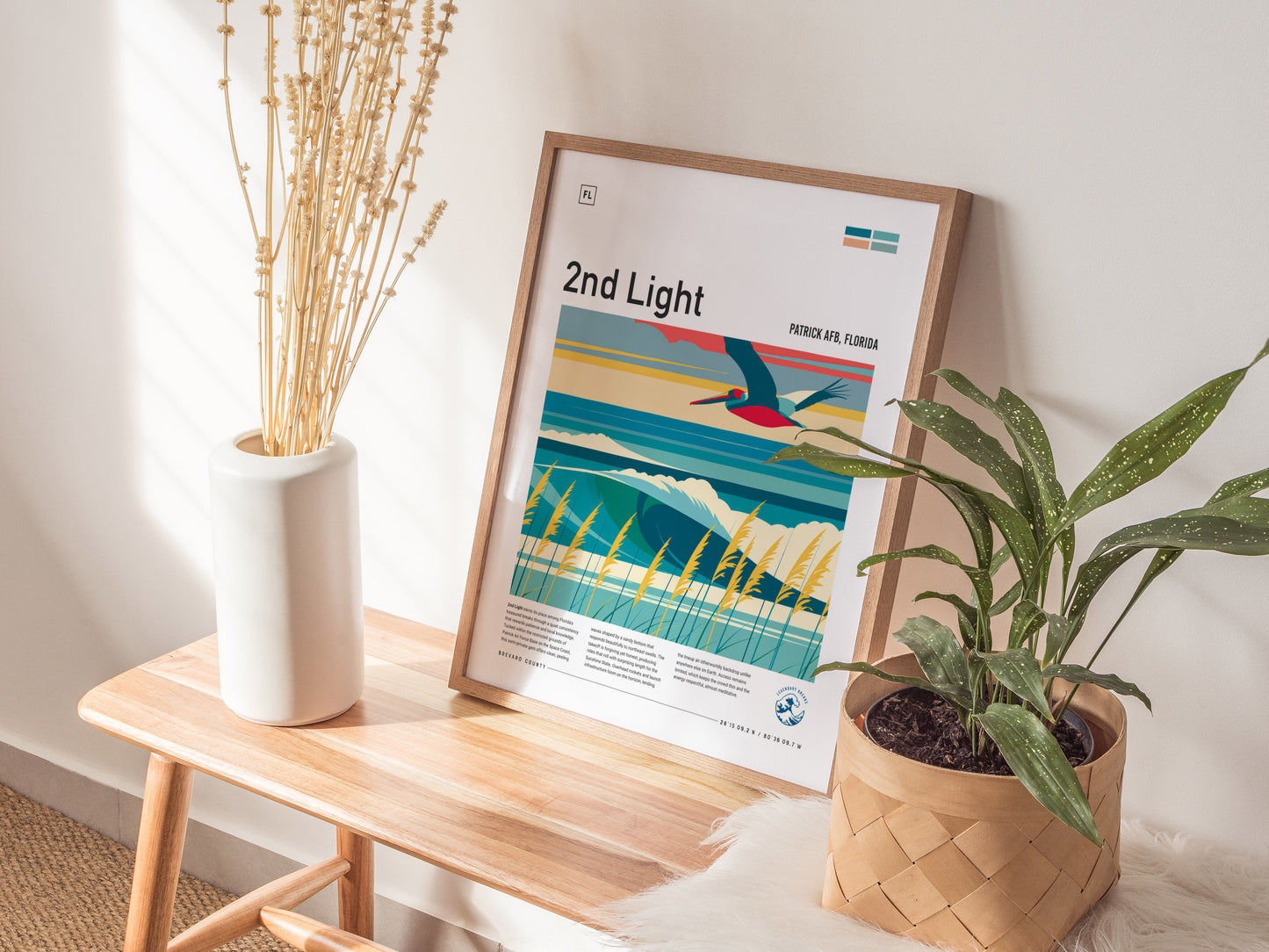 2nd Light, Florida Poster | Golden Surf Break Sunrise Wall Art — styled in a modern interior