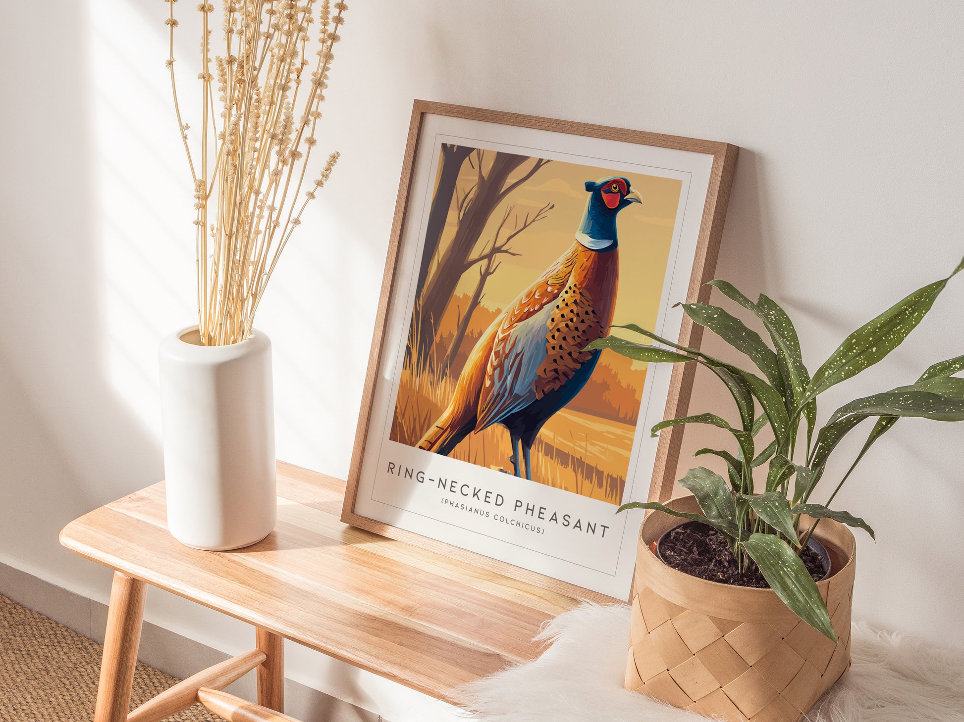 Ring-necked Pheasant Poster | Vibrant Gamebird Wildlife Art Wall Art — styled in a modern interior