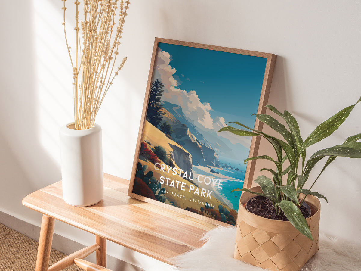 Crystal Cove State Park, Laguna Beach, California Poster | Coastal Beach Decor Wall Art — styled in a modern interior