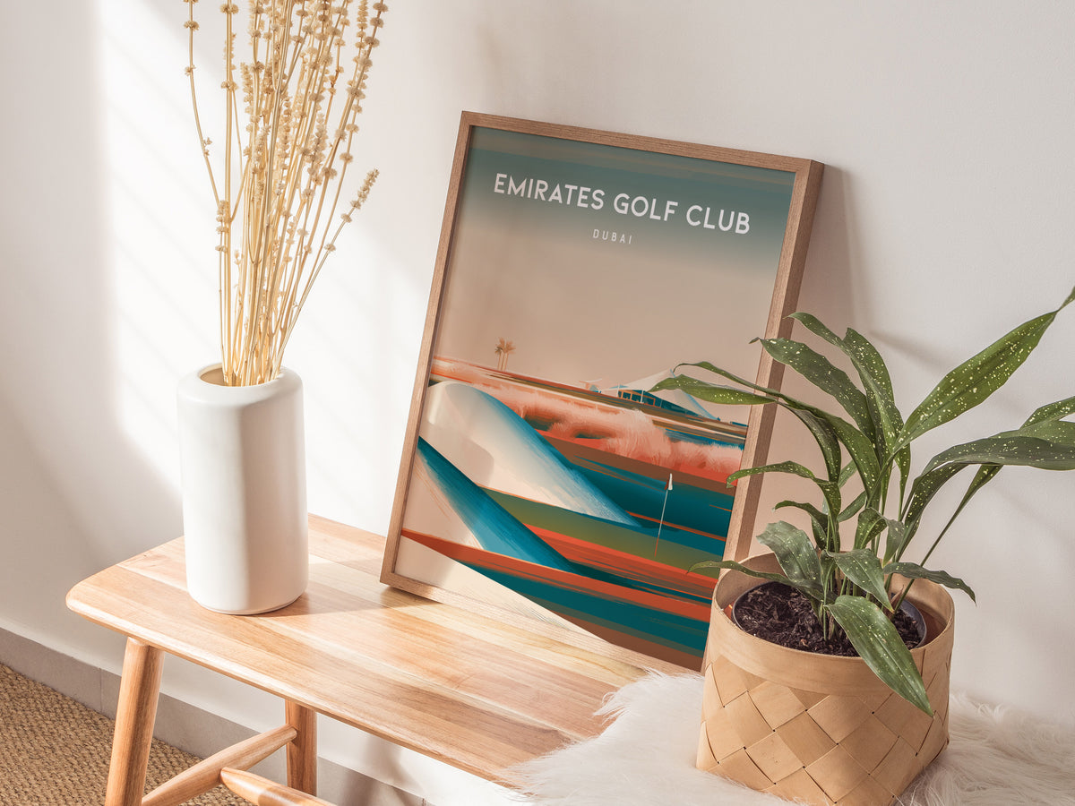 Emirates Golf Club, Dubai Poster | Golfer Gift & Links Wall Art — styled in a modern interior