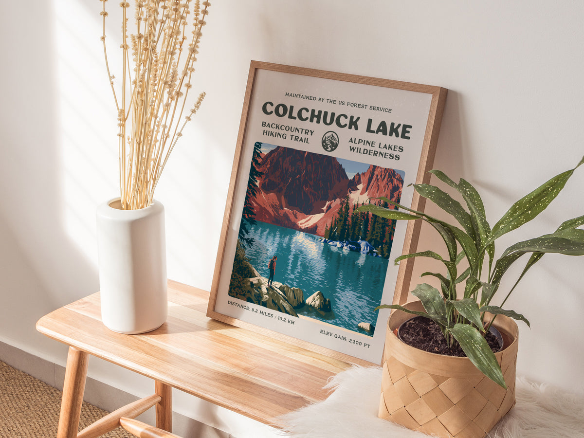 Colchuck Lake, Alpine Lakes Wilderness Poster | Hiker Gift | Backcountry Trail Wall Art — styled in a modern interior