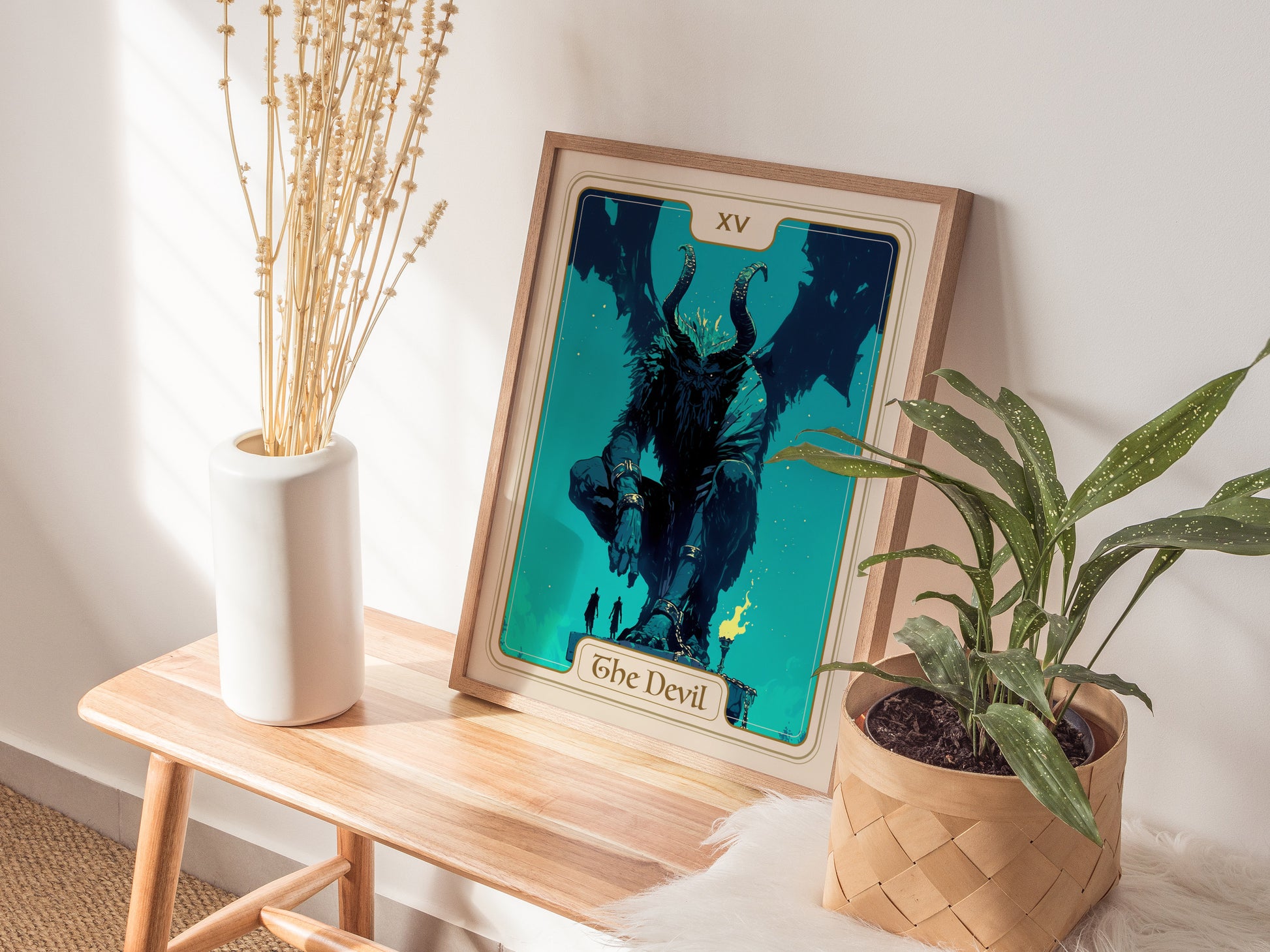 Framed tarot art featuring "The Devil" card, showcasing a dark, winged figure in deep blues and fiery oranges, ideal for mystical wall decor.