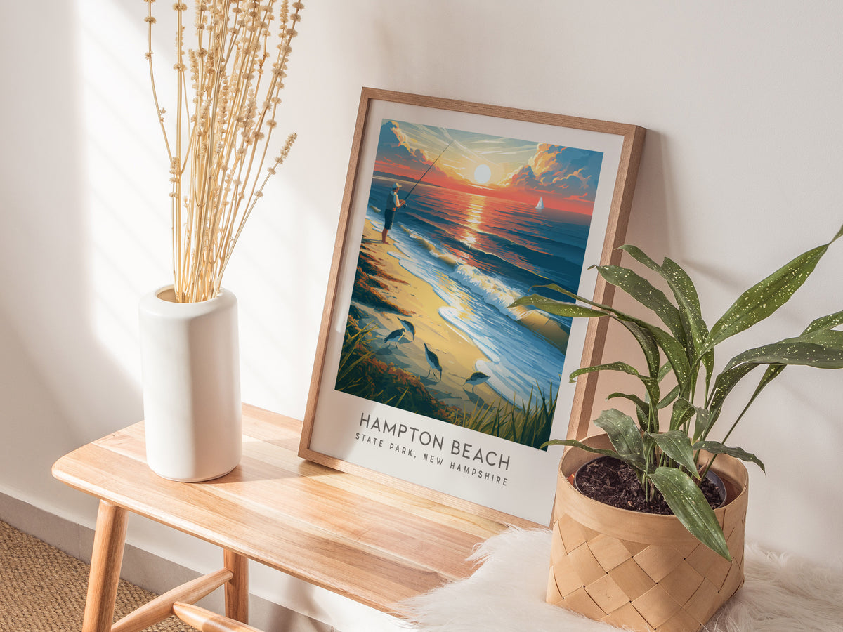 Hampton Beach Matte Border Poster | State Park, New Hampshire Coastal Beach Decor — styled in a modern interior