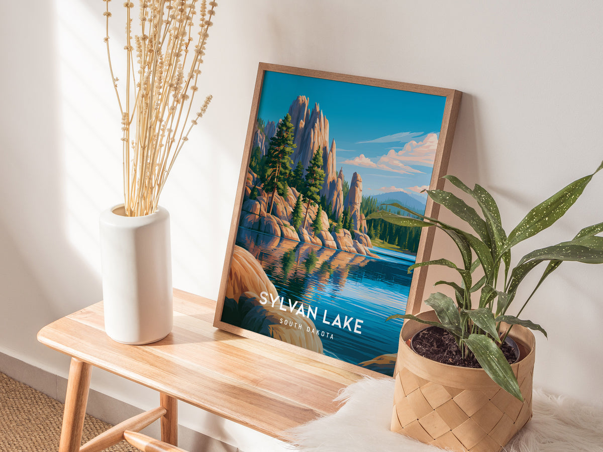 Sylvan Lake, South Dakota Poster | Custer State Park Framed or Unframed Wall Art — styled in a modern interior