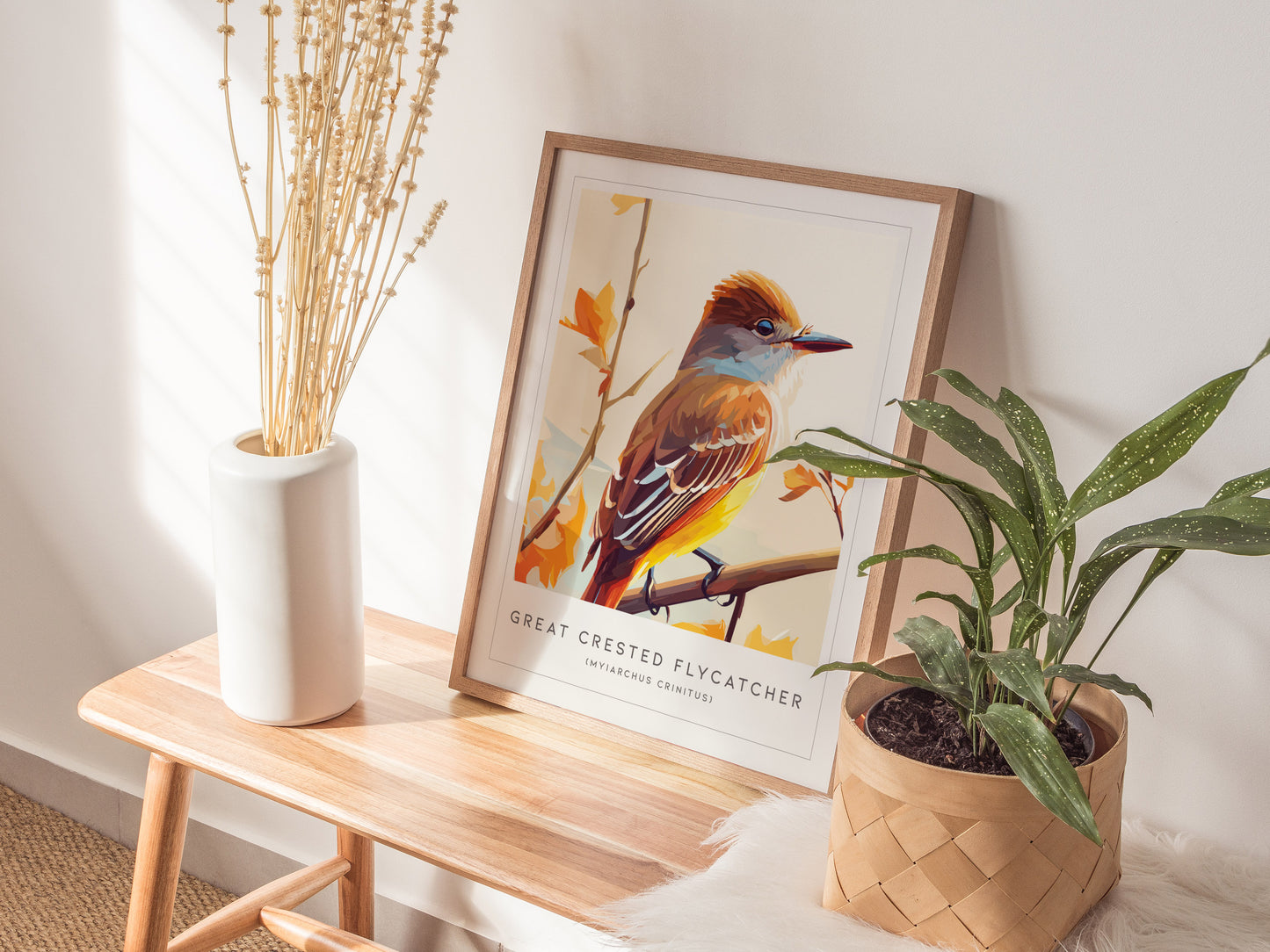Great Crested Flycatcher Poster | Woodland Songbird Nature Wall Art — styled in a modern interior